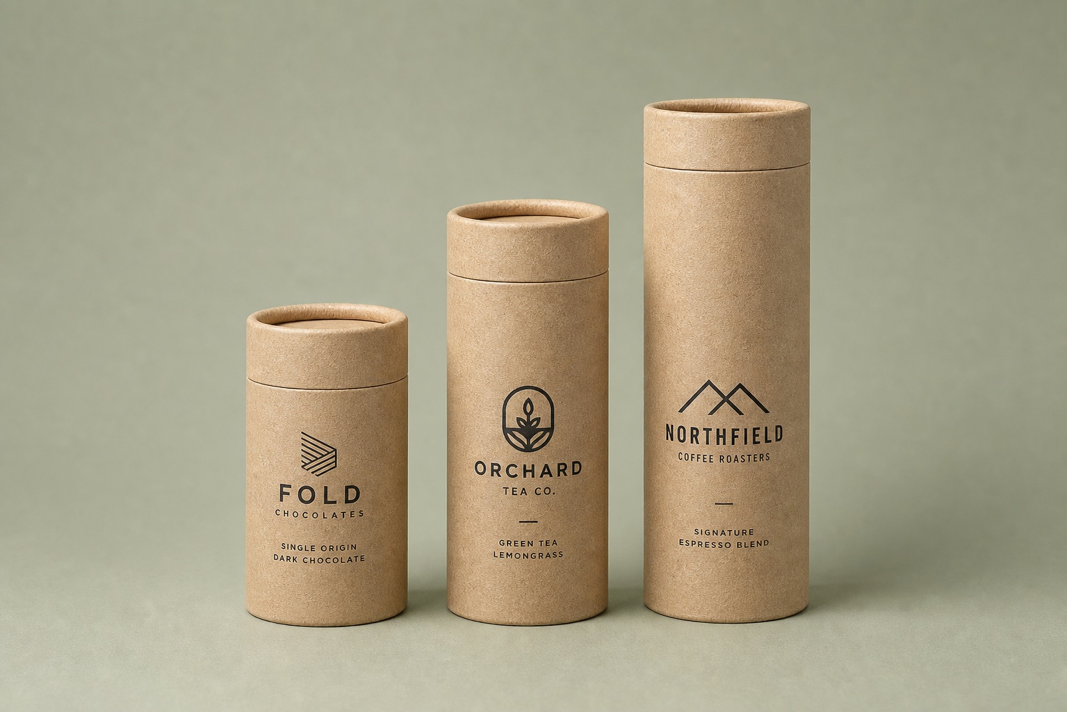 Three branded brown kraft cardboard tubes with short butt joint lids