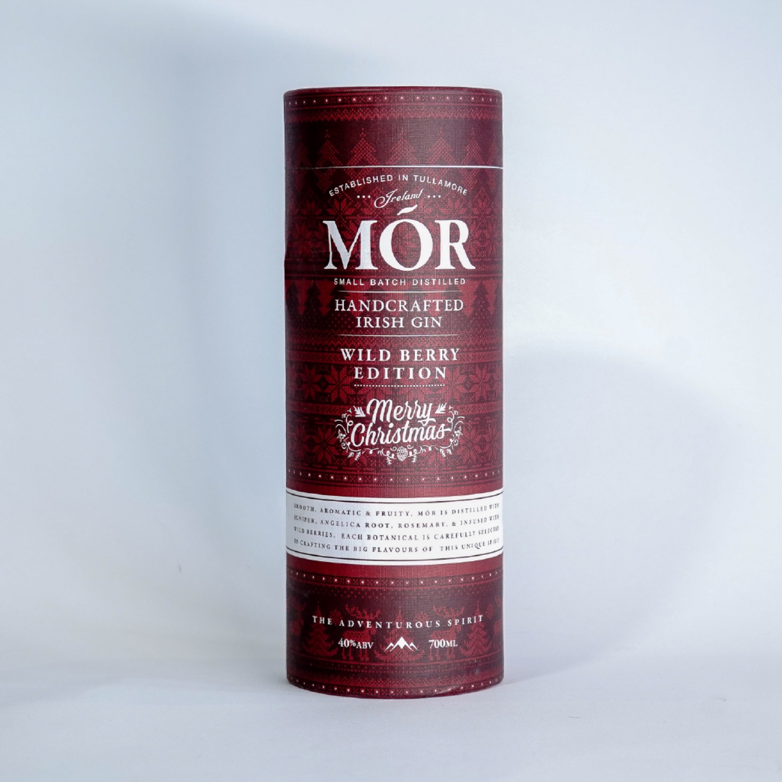 Red printed Mór gin cardboard tube with a short butt joint lid