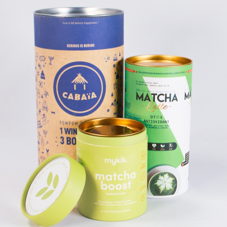 Branded cardboard tubes with silver and gold metal lids